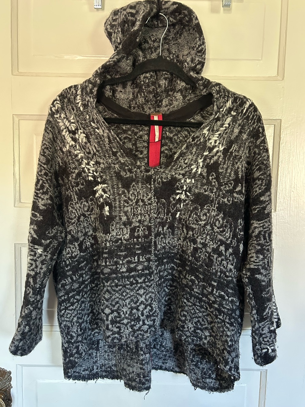 Free People Black & Gray Hooded V-Neck Sweater. Size Small